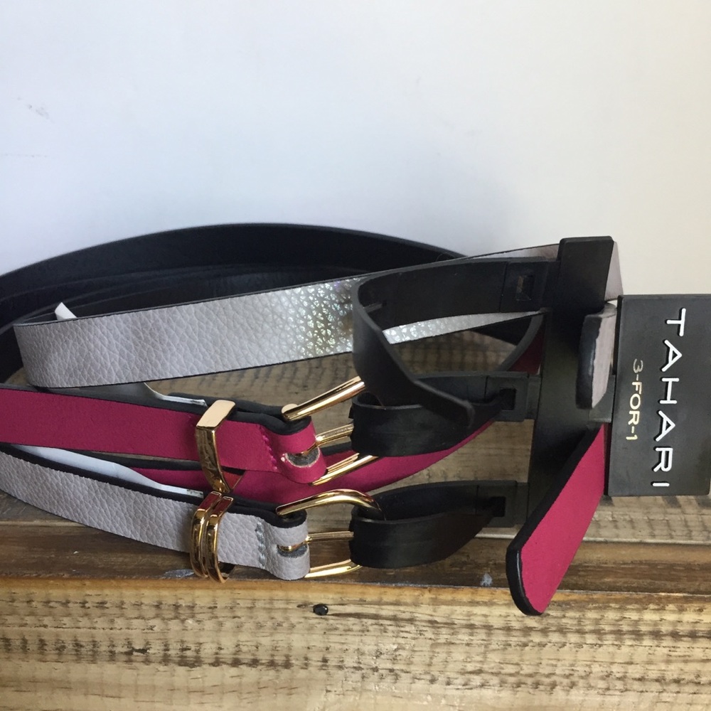 Tahari Women's 3-Pack Pink, Silver & Black Slim Belts